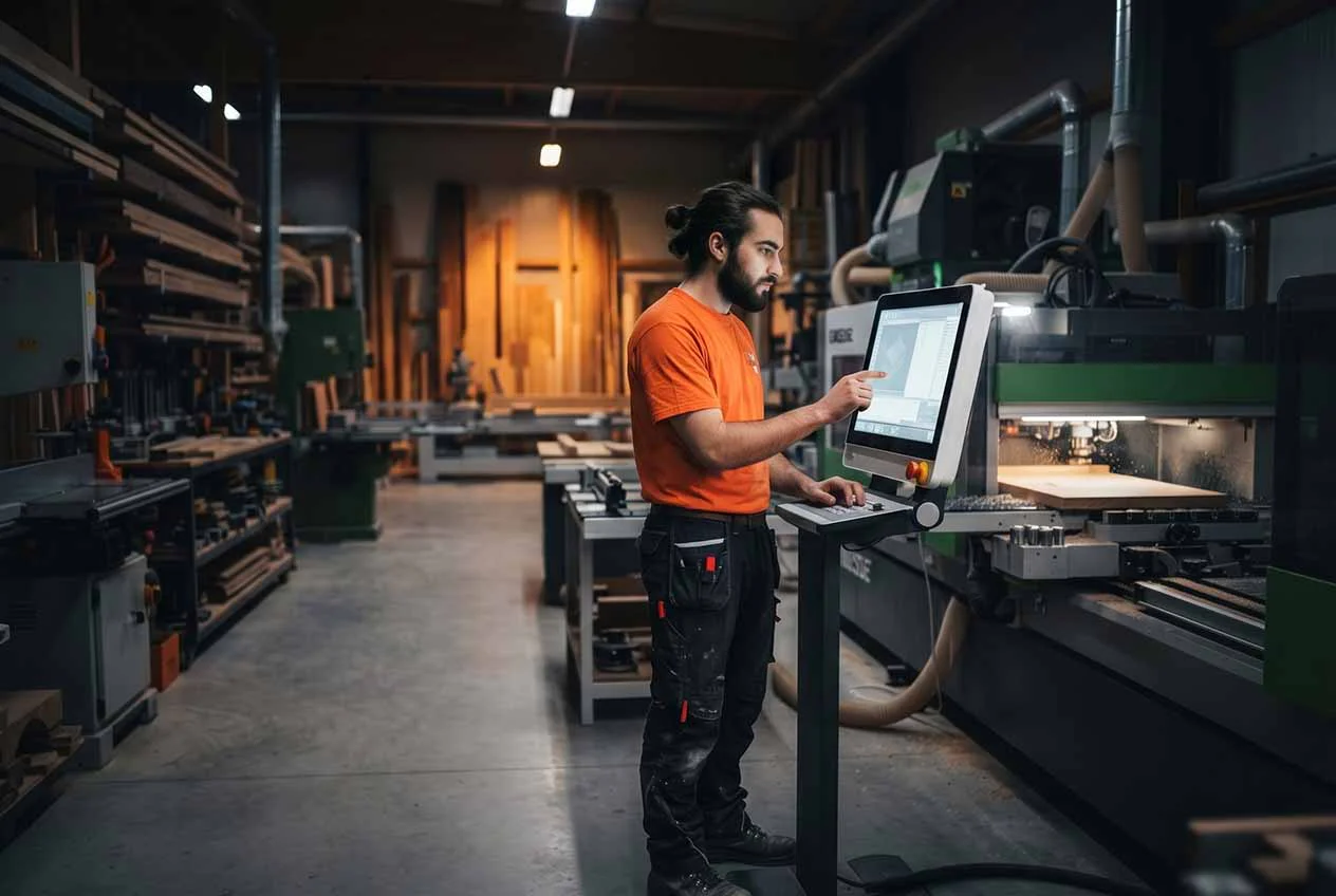 Junger Tischler arbeitet an moderner CNC-Technik